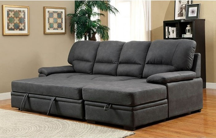 CM6908BK 2 pc Alcester graphite grey faux nubuck fabric sectional sofa set with storage chaise pull out sleep area