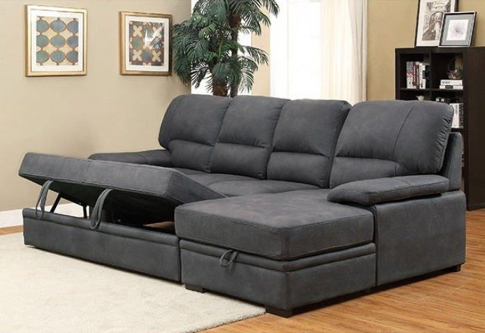 CM6908BK 2 pc Alcester graphite grey faux nubuck fabric sectional sofa set with storage chaise pull out sleep area
