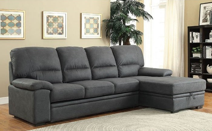 CM6908BK 2 pc Alcester graphite grey faux nubuck fabric sectional sofa set with storage chaise pull out sleep area
