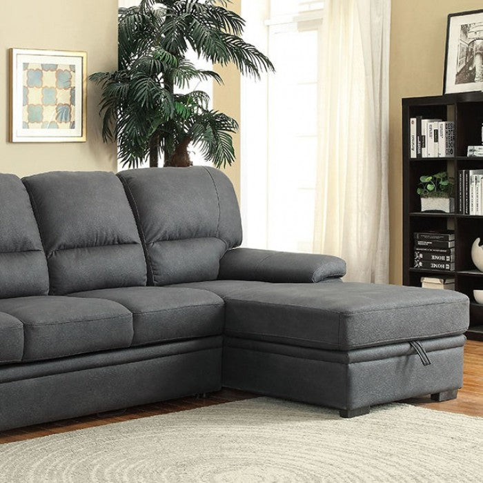 CM6908BK 2 pc Alcester graphite grey faux nubuck fabric sectional sofa set with storage chaise pull out sleep area
