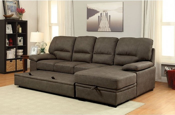 CM6908BR 2 pc Alcester ash brown faux nubuck fabric sectional sofa set with storage chaise pull out sleep area