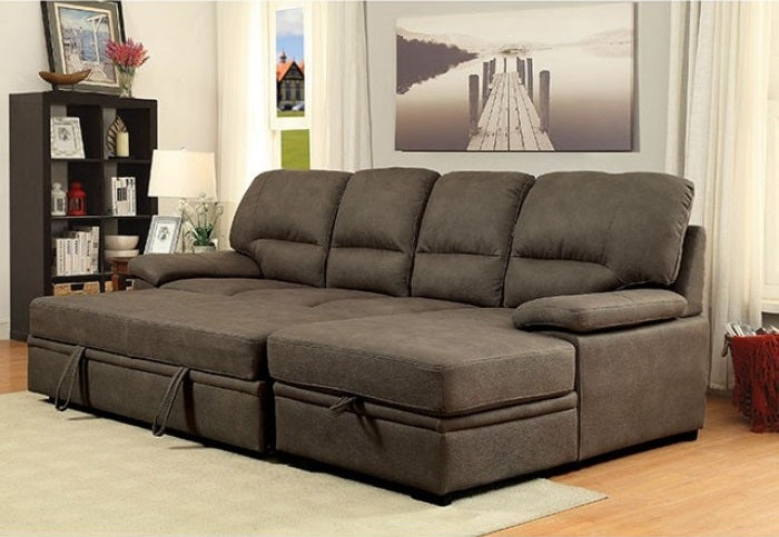 CM6908BR 2 pc Alcester ash brown faux nubuck fabric sectional sofa set with storage chaise pull out sleep area