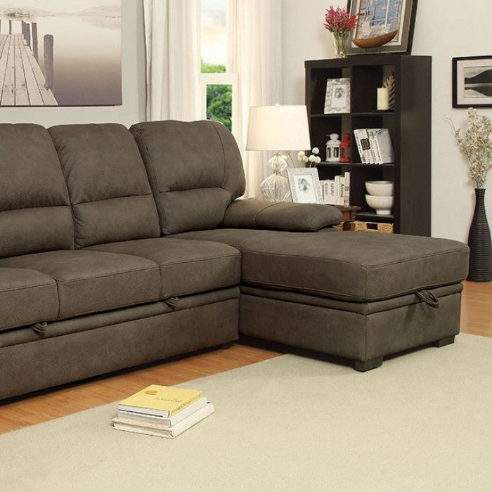 CM6908BR 2 pc Alcester ash brown faux nubuck fabric sectional sofa set with storage chaise pull out sleep area