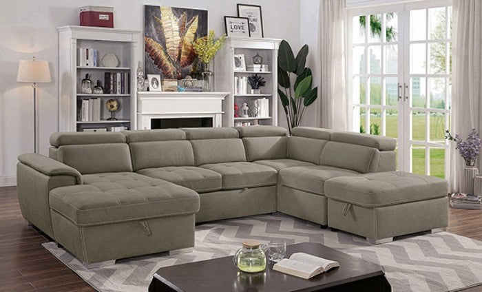 CM6963 4 pc Hugo ash brown nubuck fabric sectional sofa set with storage chaise and ottoman