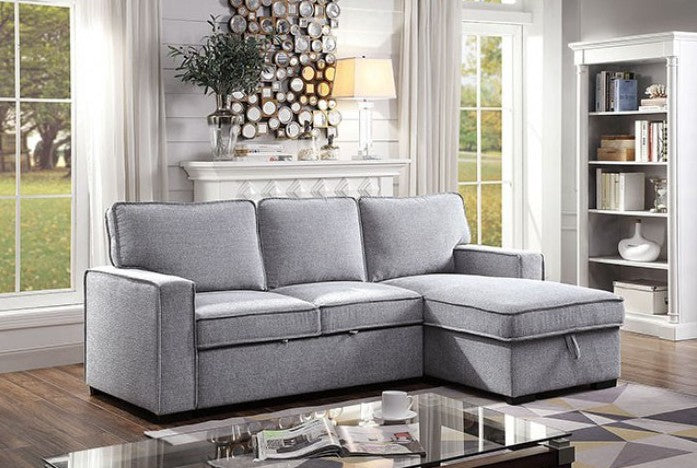 CM6964 2 pc Ines gray linen like fabric sectional sofa with reversible storage chaise and pop up chaise sleep area