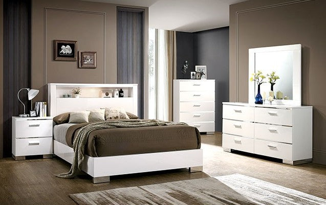 CM7049WH-4PC 4 pc Rosdorf park Carlie white high gloss finish wood modern design storage LED lighting headboard Queen bedroom set