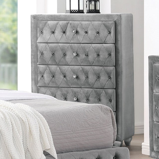 FM7150GY-C Rosdorf park neilsen alzir grey padded and tufted velvet chest of drawers with crystal handles