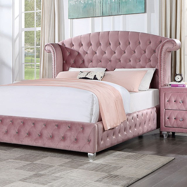 CM7130PKQ-4PC  4 pc Willa arlo interiors Zohar Barbie pink velvet fabric tufted queen bed set with nail head trim