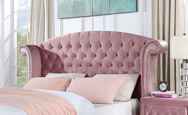 CM7130PK Willa arlo interiors Zohar pink velvet fabric tufted queen bed set with nail head trim