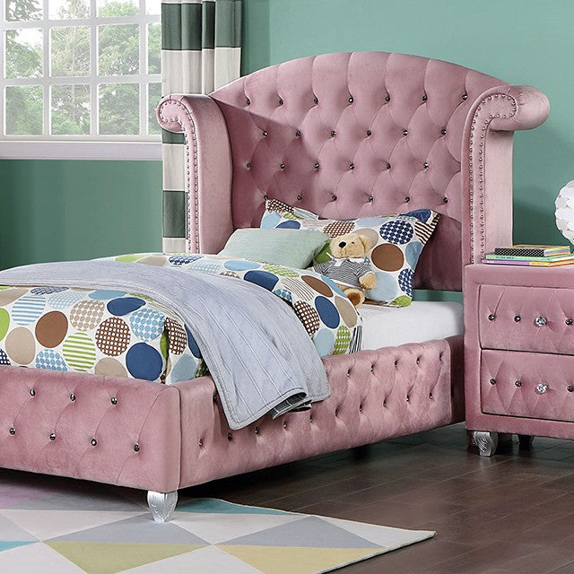 CM7130PK-T  Willa arlo interiors Zohar Barbie pink velvet fabric tufted kids twin bed with nail head trim