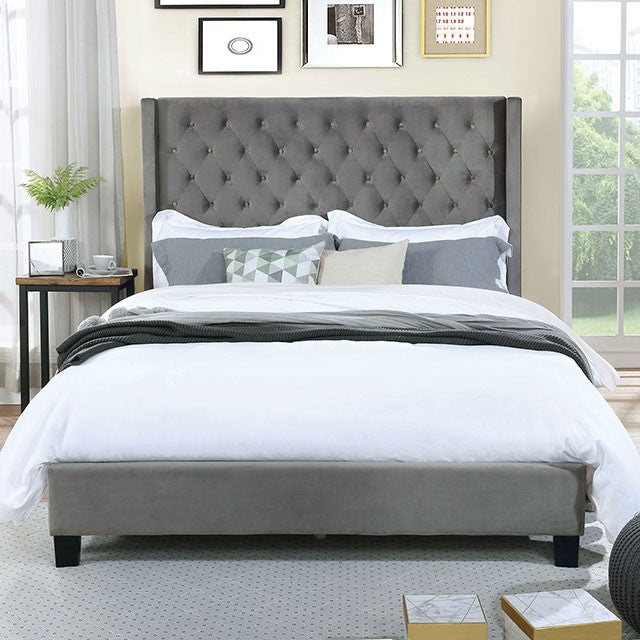 FM7141GY-Q Latitude run Ryleigh grey fabric upholstered wingback design queen bed with tufted accents