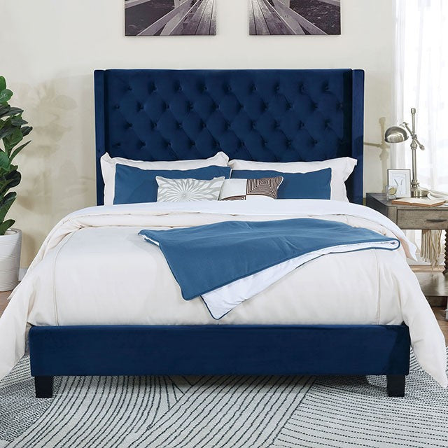 FM7141NV-Q Latitude run Ryleigh navy blue fabric upholstered wingback design queen bed with tufted accents