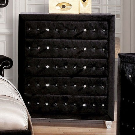FM7150BK-C  Alzir black padded and tufted velvet like fabric 5 drawer tall chest with crystal handles