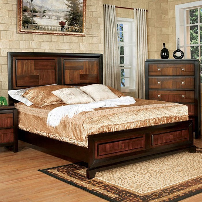 CM7152 4 pc Millwood pines valepatra acacia and walnut finish wood queen bedroom set with double deck top headboard and footboard