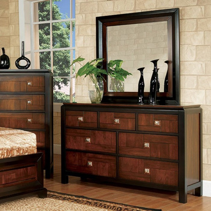 CM7152 4 pc Millwood pines valepatra acacia and walnut finish wood queen bedroom set with double deck top headboard and footboard
