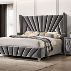CM7164 4 pc Carissa gray fabric upholstered art deco style design queen bedroom set