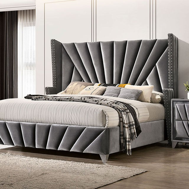 CM7164Q Carissa gray fabric upholstered art deco style design queen bed with nail head trim accents