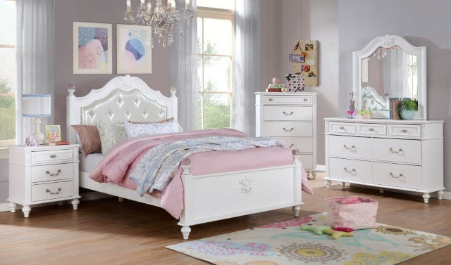 CM7174 4 pc Belva white finish wood leatherette crystal button tufted headboard twin bedroom set decorative carving