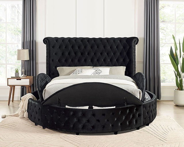 Sansom Black Velvet Art Deco Round Queen Storage Bed with USB Ports – CM7178BK-Q