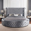 CM7178GY-Q Sansom grey velvet like fabric crystal button tufted art deco style design round queen storage bed with nail head trim accents USB ports
