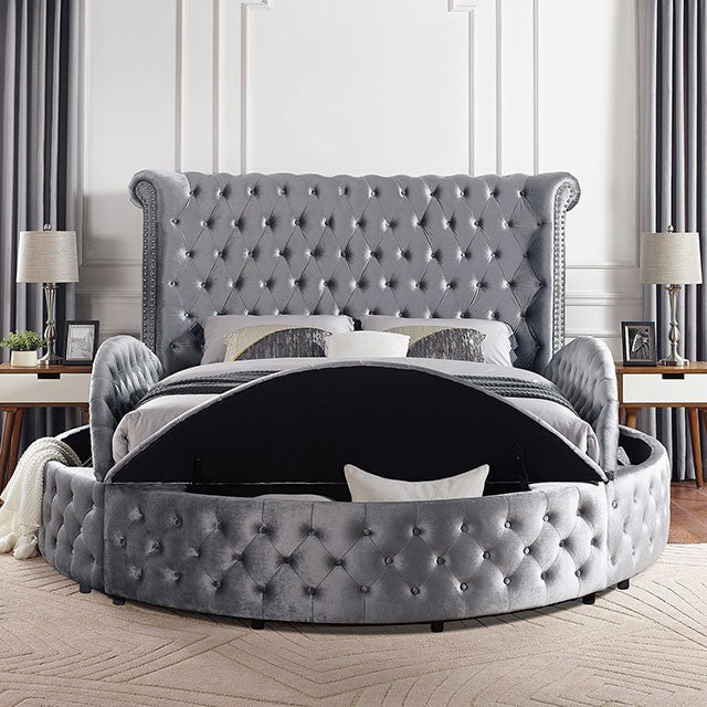 CM7178GY-Q Sansom grey velvet like fabric crystal button tufted art deco style design round queen storage bed with nail head trim accents USB ports
