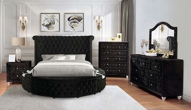 CM7178BK-Q-4PC 4 pc Red barrel studio linford delilah black fabric upholstered art deco style design round queen bed set