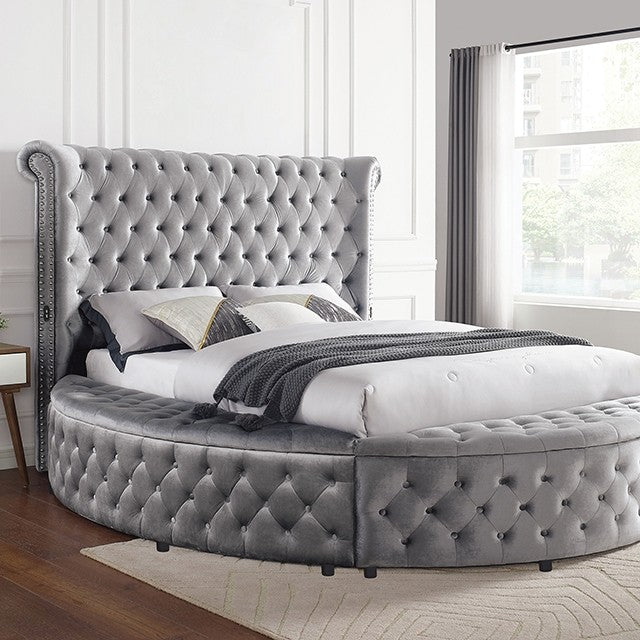CM7178GY-Q-4PC 4 pc Red barrel studio linford delilah grey fabric upholstered art deco style design round queen bed set