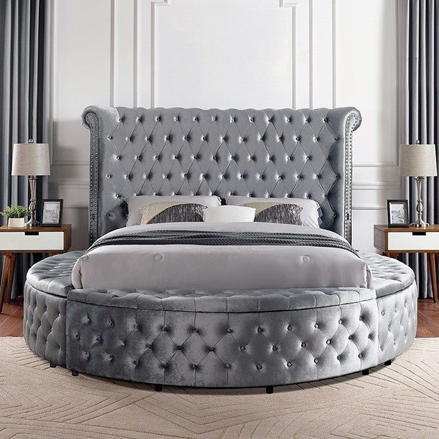 CM7178GY-Q-4PC 4 pc Red barrel studio linford delilah grey fabric upholstered art deco style design round queen bed set