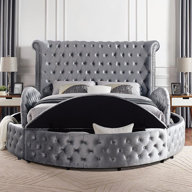 CM7178GY-Q-4PC 4 pc Red barrel studio linford delilah grey fabric upholstered art deco style design round queen bed set
