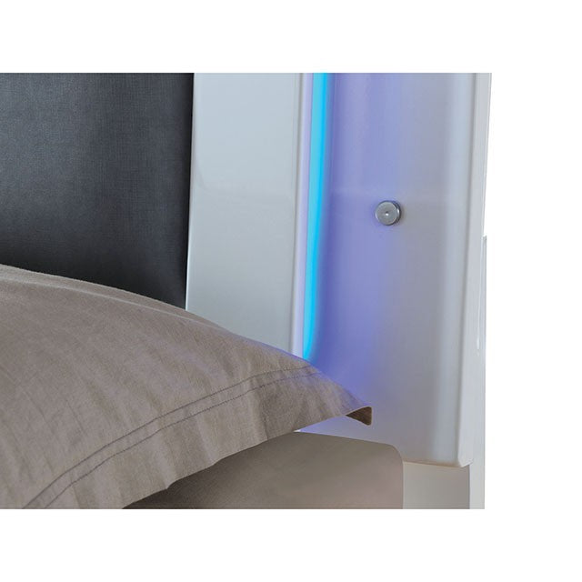 CM7201 4 pc Orren ellis havilland Clementine white high gloss finish wood and led lighting trim queen bed set