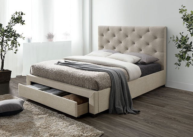 CM7218BG Willa arlo interiors Sybella beige linen like fabric tufted Queen bed set with storage drawer in the footboard