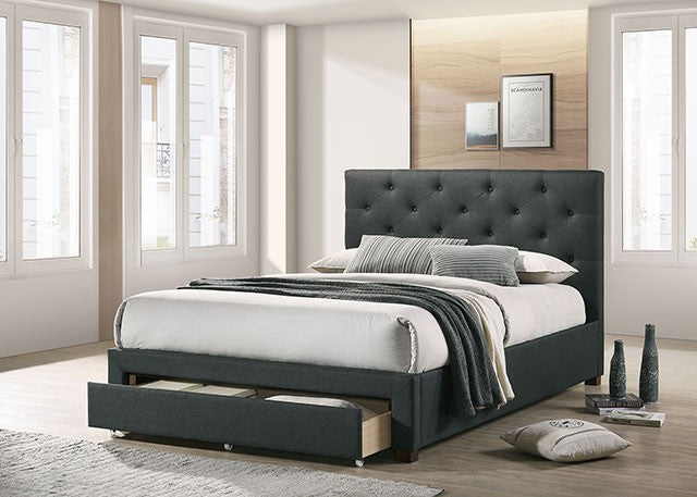 CM7218DG Willa arlo interiors Sybella dark grey linen like fabric tufted Queen bed set with storage drawer in the footboard