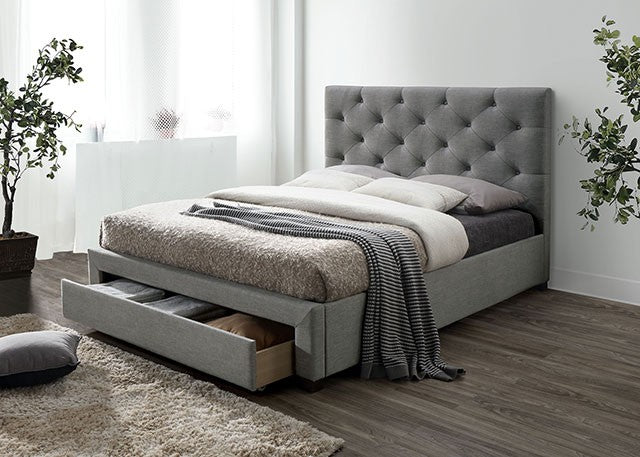 CM7218GY Willa arlo interiors Sybella grey linen like fabric tufted Queen bed set with storage drawer in the footboard