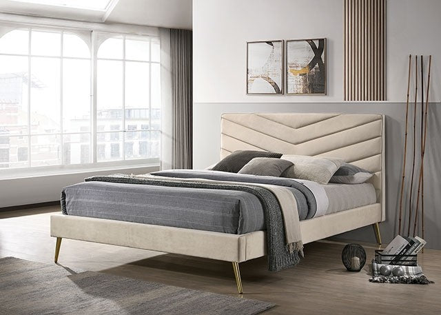 CM7220BG Vivar beige fabric upholstered chevron style mid-century modern low rise platform queen bed