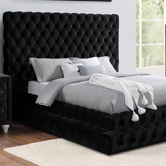CM7227BK Rosdorf park neilsen Stefania black padded and tufted flannelette queen bed set with nail head trim