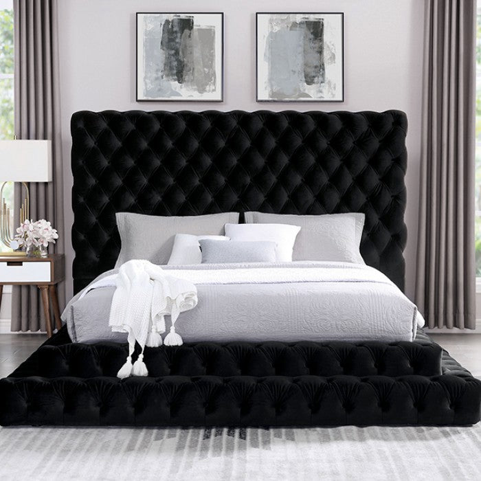 CM7227BK Rosdorf park neilsen Stefania black padded and tufted flannelette queen bed set with nail head trim