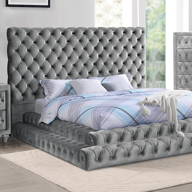 CM7227GY Rosdorf park neilsen Stefania grey padded and tufted flannelette queen bed set with nail head trim