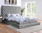 CM7227GY Rosdorf park neilsen Stefania grey padded and tufted flannelette queen bed set with nail head trim