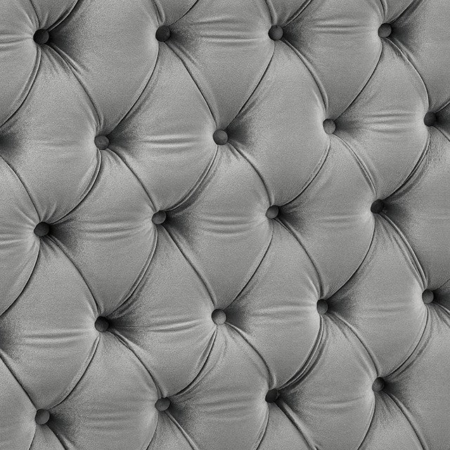 CM7227GY Rosdorf park neilsen Stefania grey padded and tufted flannelette queen bed set with nail head trim