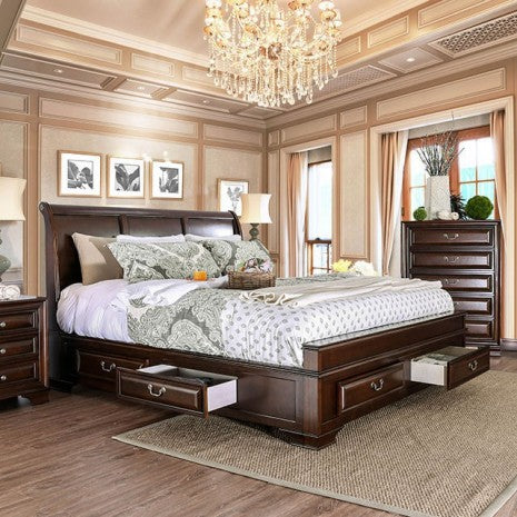 CM7302CH-4PC 4 pc Brandy brown cherry finish wood sleigh style headboard queen bedroom set under bed drawers