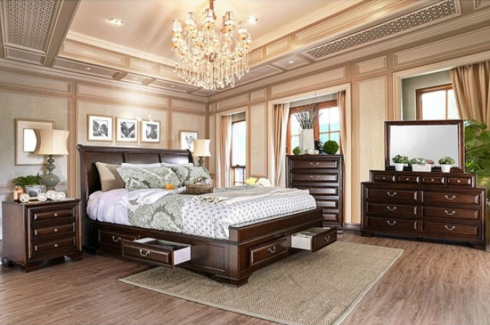 CM7302CH-4PC 4 pc Brandy brown cherry finish wood sleigh style headboard queen bedroom set under bed drawers