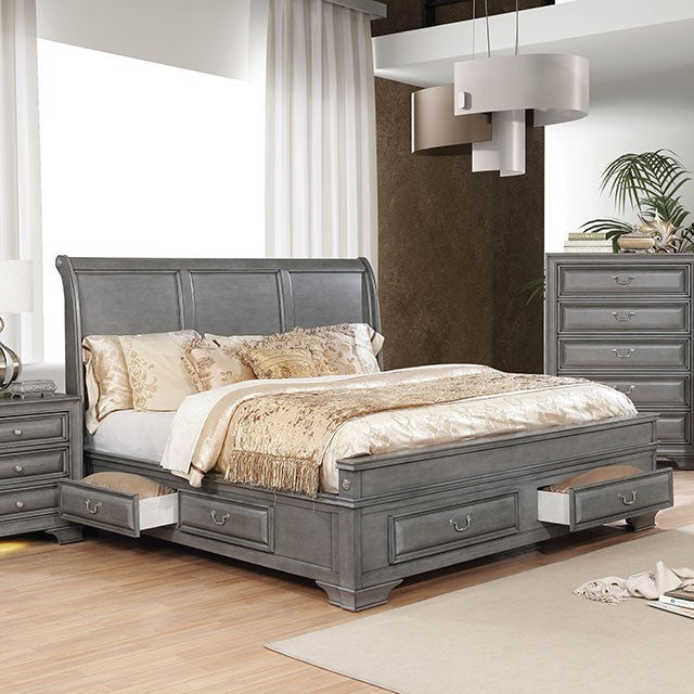 CM7302GY-4PC 4 pc Brandy grey finish wood sleigh style headboard queen bedroom set under bed drawers