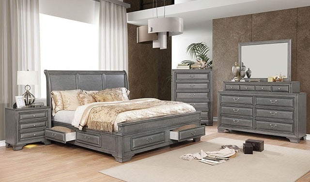 CM7302GY-4PC 4 pc Brandy grey finish wood sleigh style headboard queen bedroom set under bed drawers