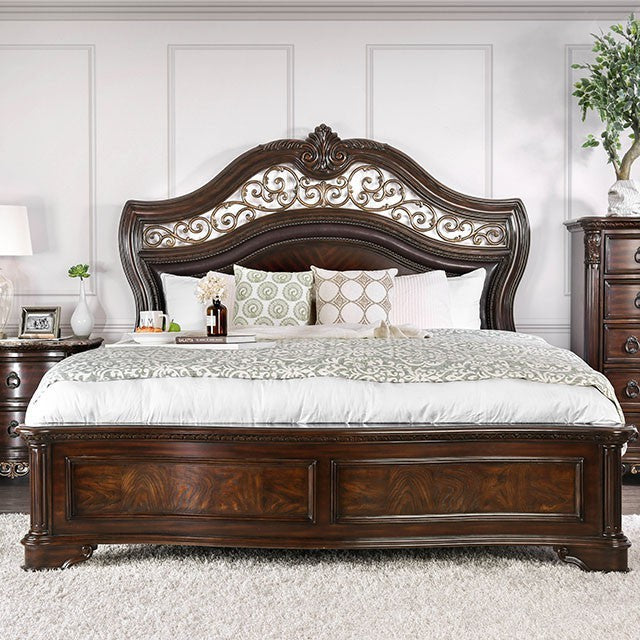 CM7311-4PC 4 pc Menodora brown cherry finish wood scrolled metal accented headboard queen bedroom set