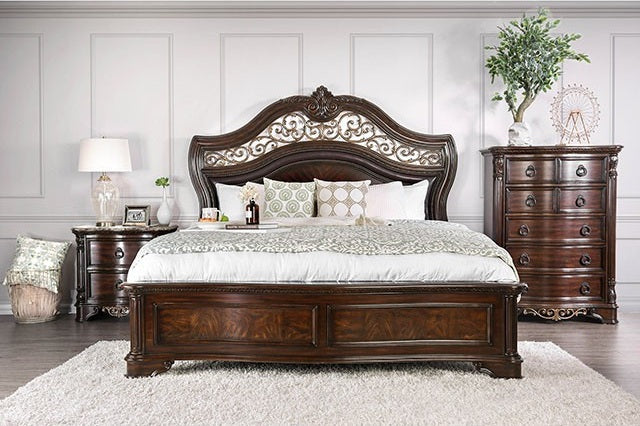 CM7311-4PC 4 pc Menodora brown cherry finish wood scrolled metal accented headboard queen bedroom set