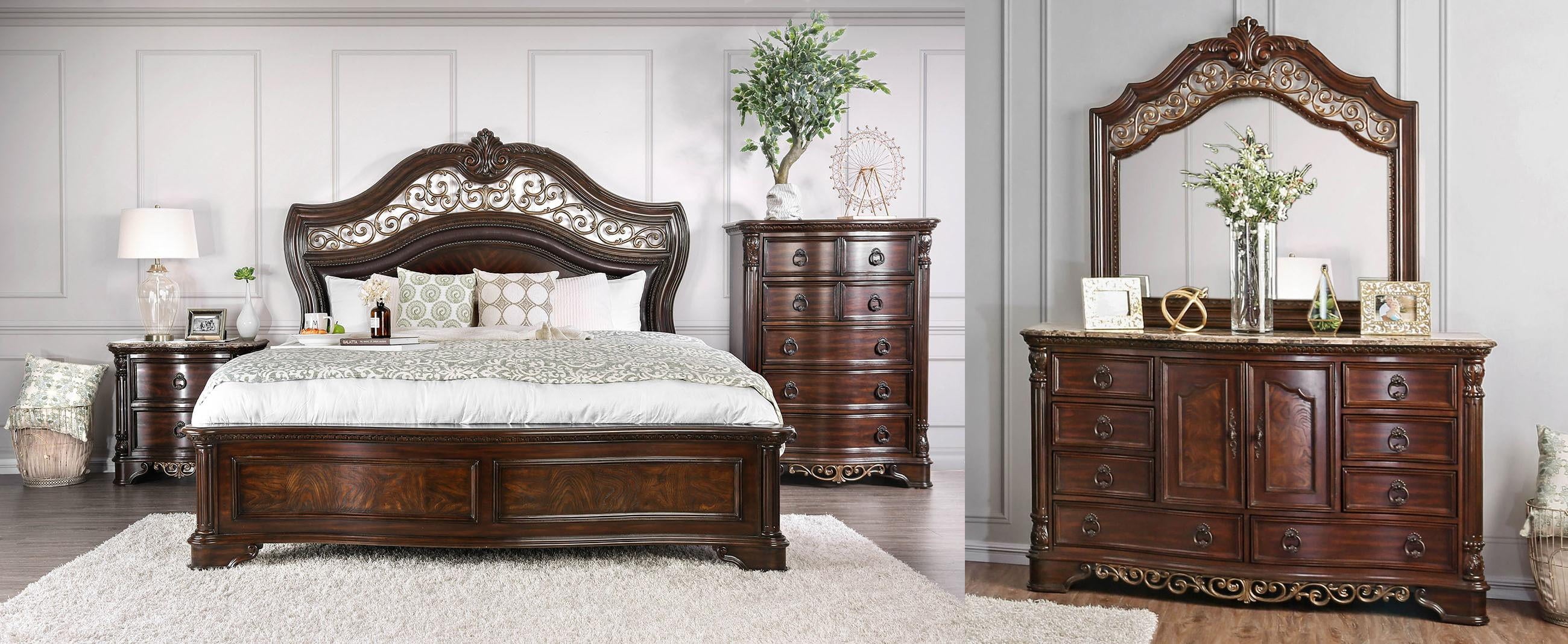 CM7311-4PC 4 pc Menodora brown cherry finish wood scrolled metal accented headboard queen bedroom set
