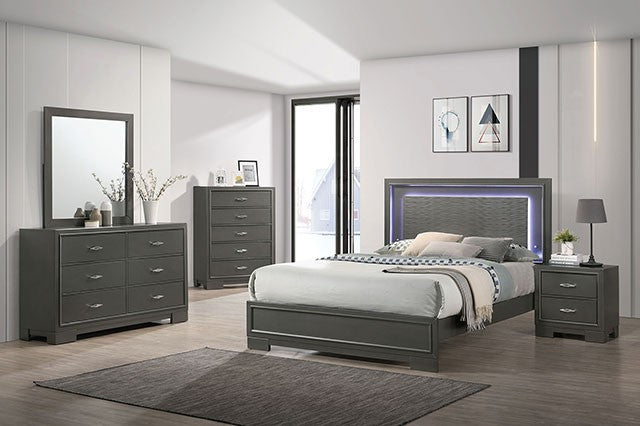 CM7416GY-4PC 4 pc Alison metallic grey finish wood textured headboard with LED queen bedroom set