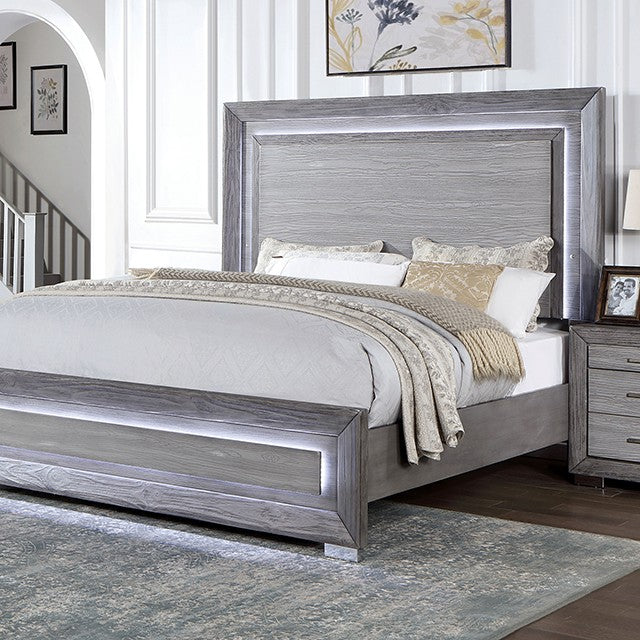 CM7468GY-Q Rosdorf park Raiden weathered grey finish wood queen bed with LED lights
