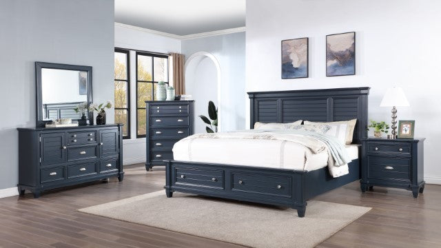 CM7470BL-4PC  4 pc Loon peak Manzanillo slate blue finsh wood paneled headboard queen bed set with footboard drawers