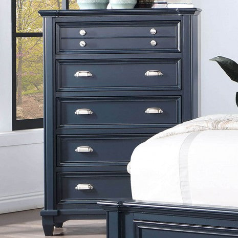 CM7470BL-C  Loon peak Manzanillo slate blue finish wood paneled look 5 drawer tall chest